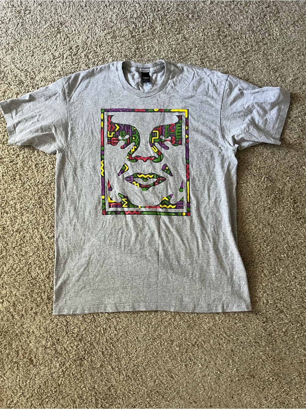 Obey Gray Short Sleeve Tee with Multicolor Face Graphic